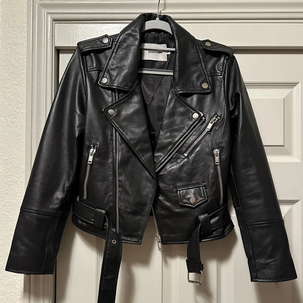 Deadwood Cropped Joan Recycled Leather Motorcycle Jacket 38/6 - Picture 4 of 9